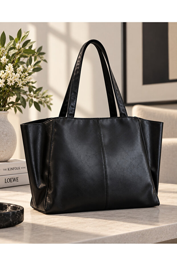 Women's Black Large Size Soft Textured Pu Leather Stylish Large Volume Shoulder Bag Tote Bag