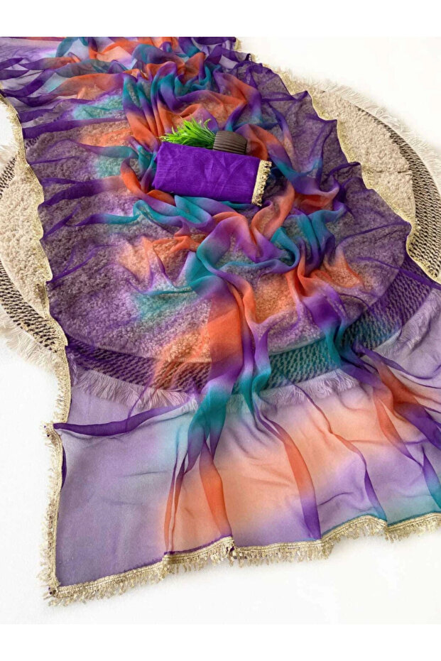 Purple Chiffon Leheriya Saree with Gold Lace Border - KTS9730-Purple-Size-0