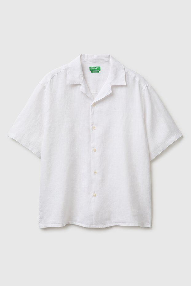 Men's White 100% Linen Relaxed Fit Short Sleeve Bowling Collar Shirt