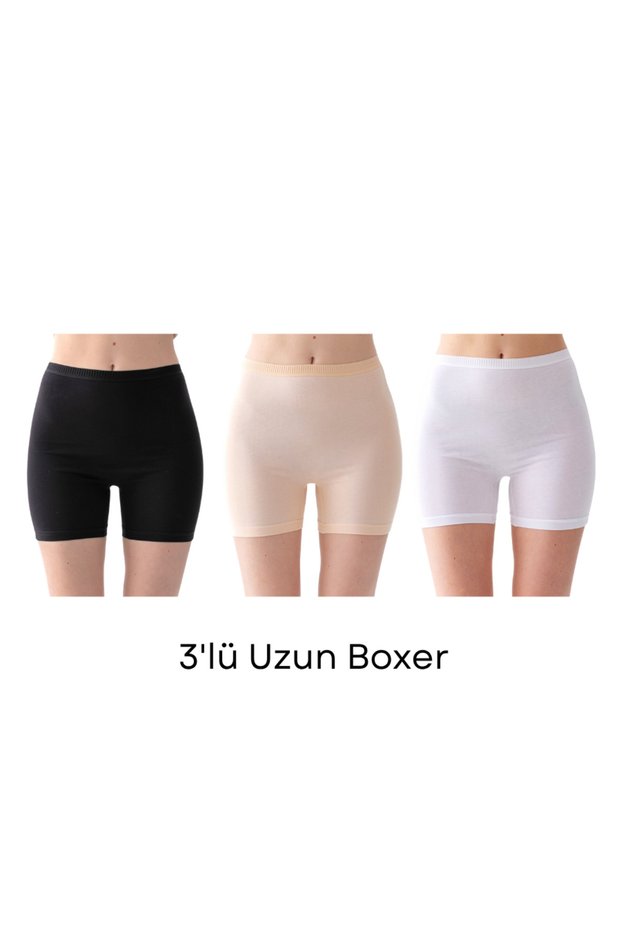 Women's 3-Piece Long Boxer with Elastic Waist, 90% Cotton, Body-Hugging Lycra, Soft Textured (Black - White - Skin)