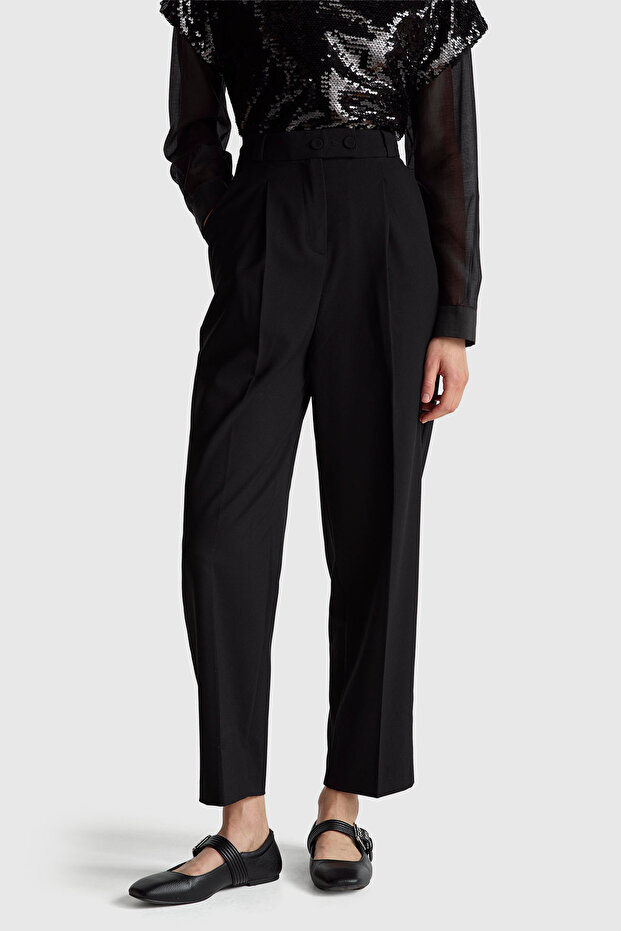 Women's Black Viscose Blend Carrot Pants with Button Detail on the Back