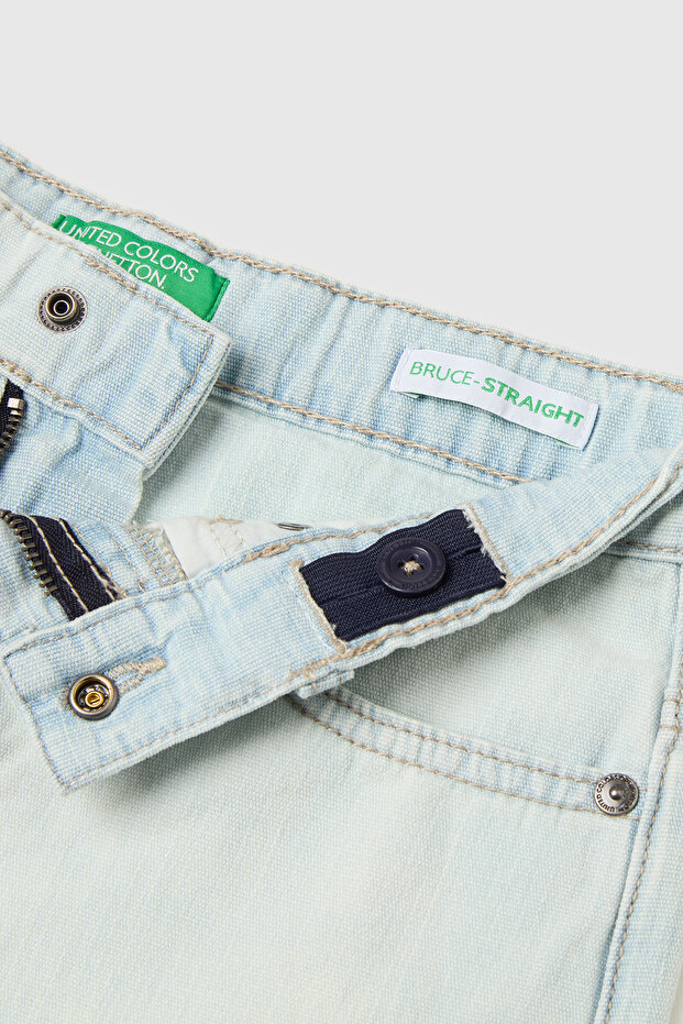 Boy's Ice Blue Back Pocket Logo Detailed Curled Hem Denim Bermuda Shorts