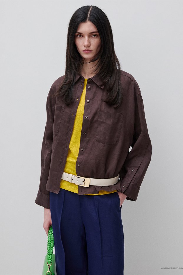 Women's Brown 100% Linen Off-Shoulder Boxy Fit Shirt