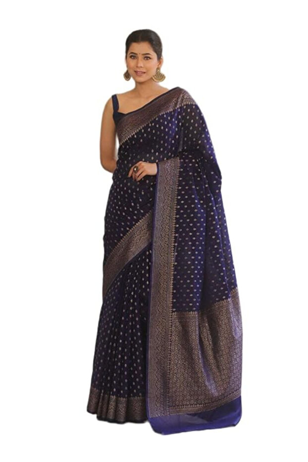 Navy Blue Banarasi Silk Saree with Gold Zari Floral Motifs - MAF3165 | Navy Blue & Gold