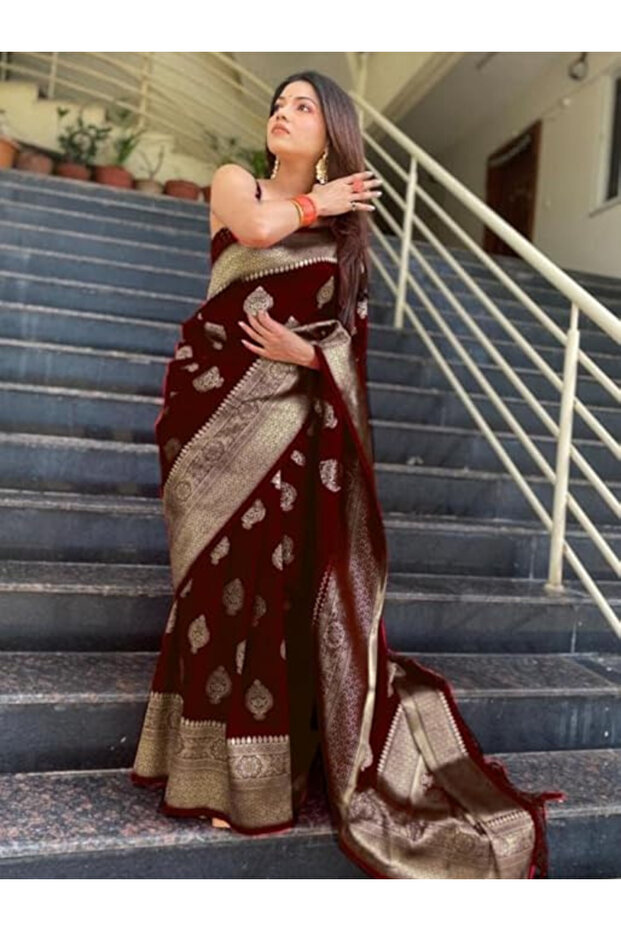 Maroon Pure Zari Woven Soft Silk Saree With Blouse -MAF3162-Size-0