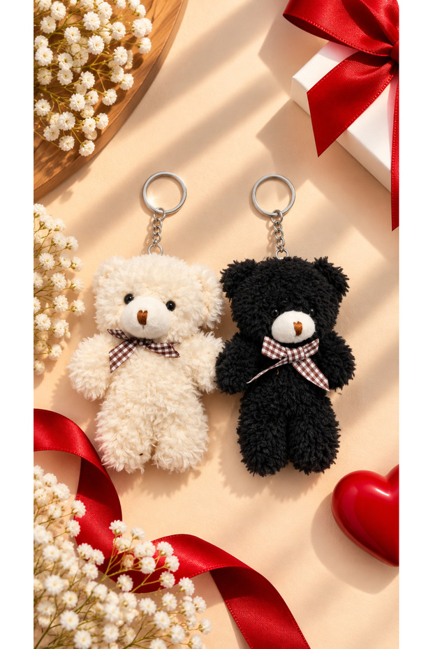 Set of 2 Plush Teddy Bear Keychains – Black & White Cute Gift
