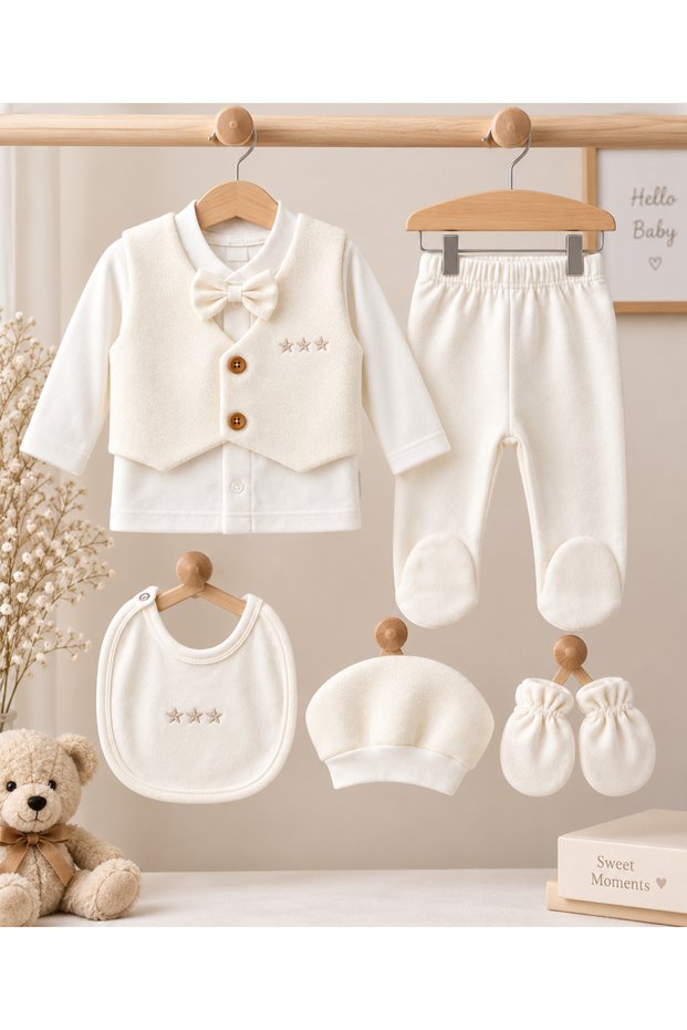 5-Piece Baby Boy Hospital Discharge Mevlüt Set – Newborn Clothing Set with Bow Tie and Vest 0-3 Months