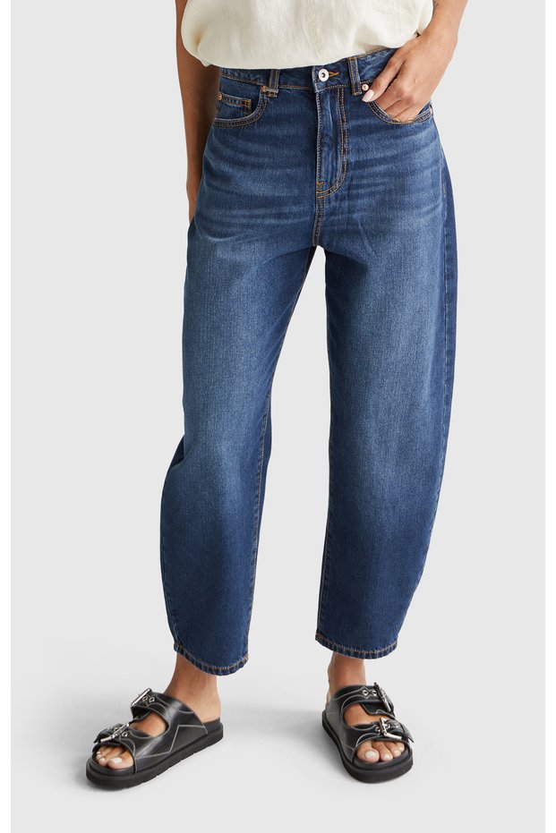 Women's Dark Blue 100% Cotton Distressed Effect Baggy Denim Trousers