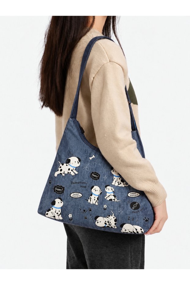 Cute Dog Dalmatian Printed Thick Gabardine Shoulder Bag with Adjustable Strap and Zipper Moon Bag
