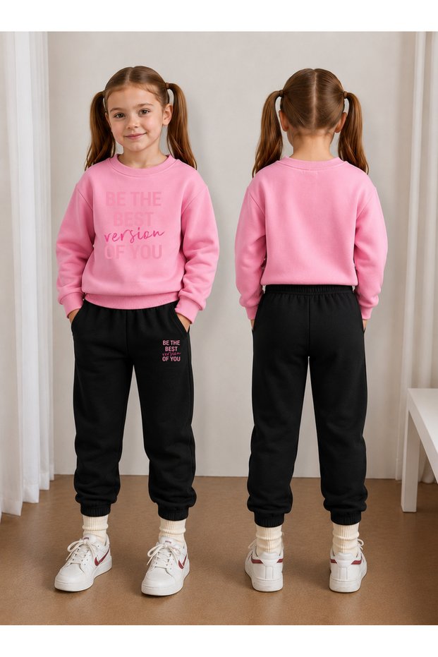 Girl's Tracksuit Set Crew Neck Sweatshirt Top and Bottom Set 3 Threaded Yarns Winter Style
