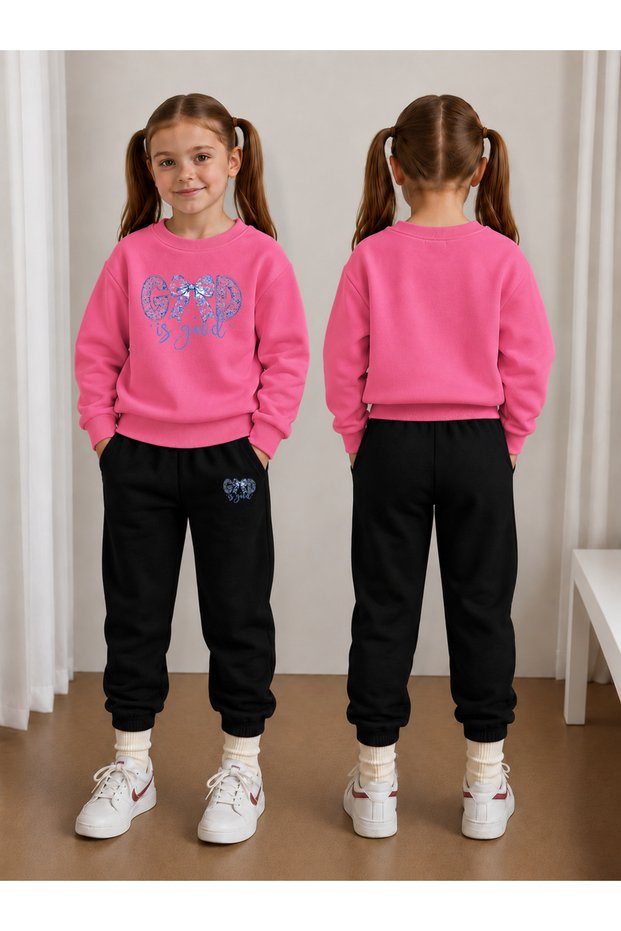 Girl's Tracksuit Set Crew Neck Sweatshirt Top and Bottom Set 3 Threaded Yarns Winter Style