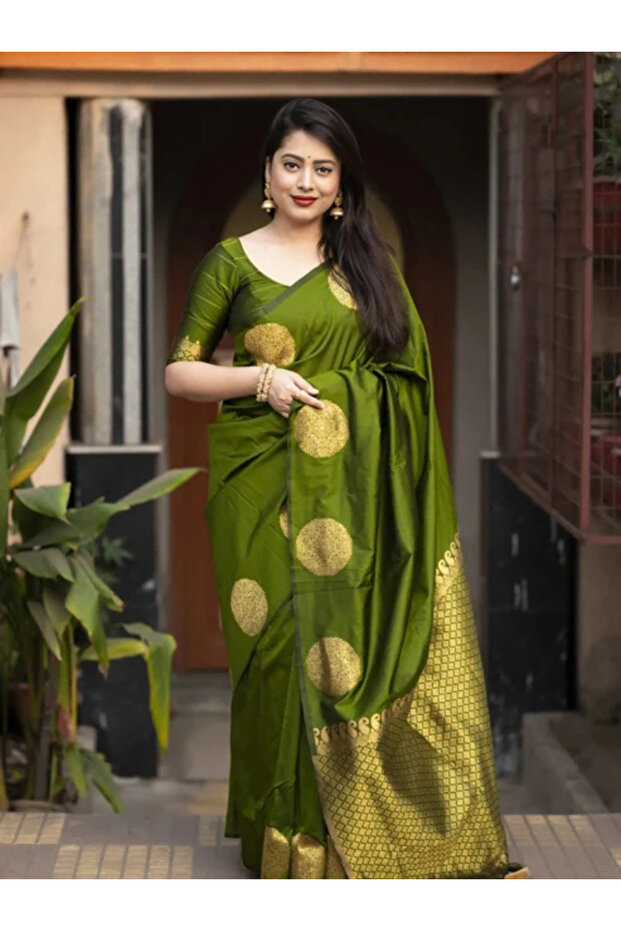 Olive Green Silk Saree with Gold Polka Dot Motifs - MAF3166 | Olive Green & Gold
