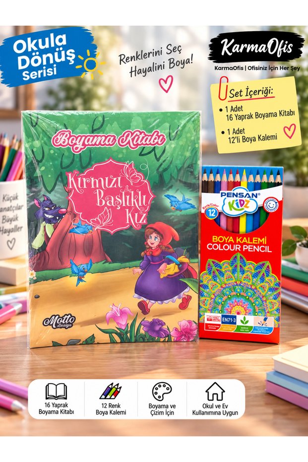 Children's Coloring Set and Kidz Dry Crayon Set – 16 Sheets of Coloring – Little Red Riding Hood