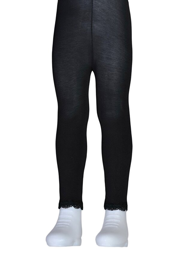 Girl's Cotton Leggings with Ankle Lace - Black