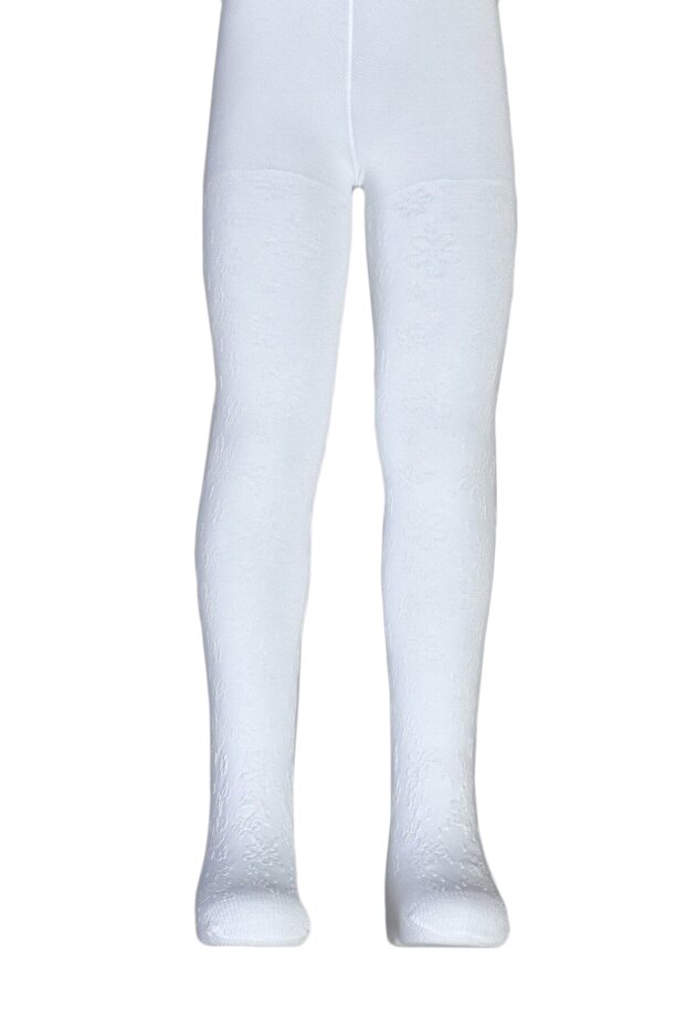 Girl's Zeynep Patterned Cotton Pantyhose - White