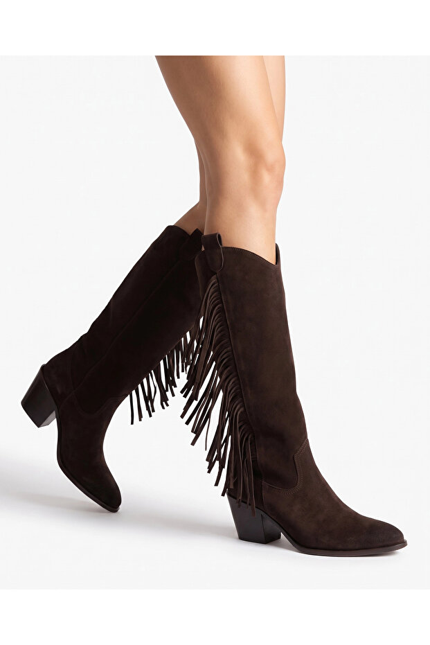 Rosali̇a Aci Brown Suede Tasseled Western Boots