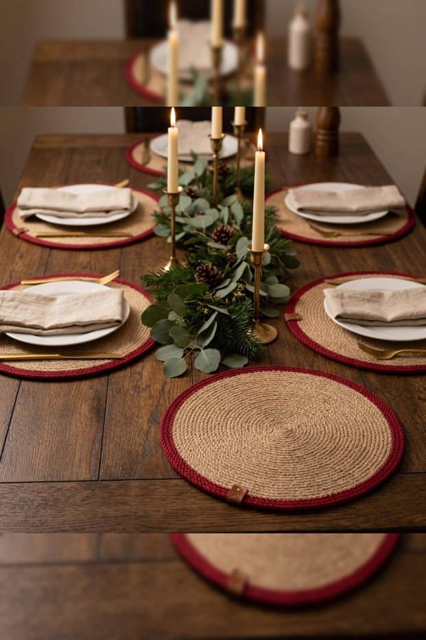 2 Pieces 35cm Round Red Striped Christmas American Style Straw Jute Plate