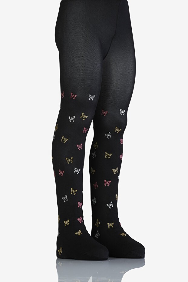 Girl's Azra Patterned Glitter Printed Micro 50 Pantyhose - Black