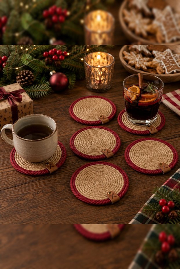 Woven Coasters, Set of 6, 13cm - Red Striped Christmas Jute Woven Coasters.