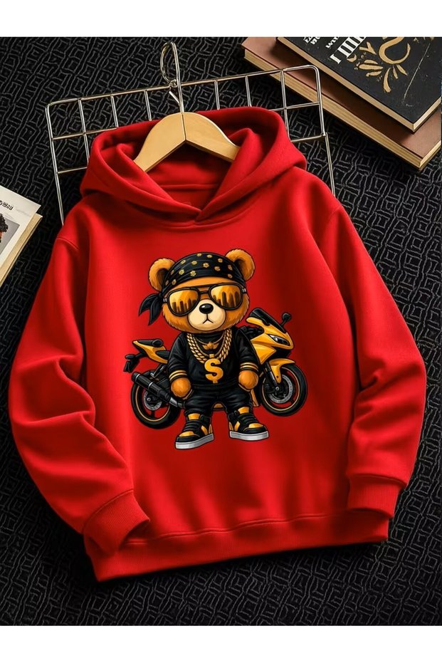 Bear Gold Fashion Glasses Motorcycle Autumn and Winter Children's Winter Fashion Casual Hooded Sweatshirt Sports Print