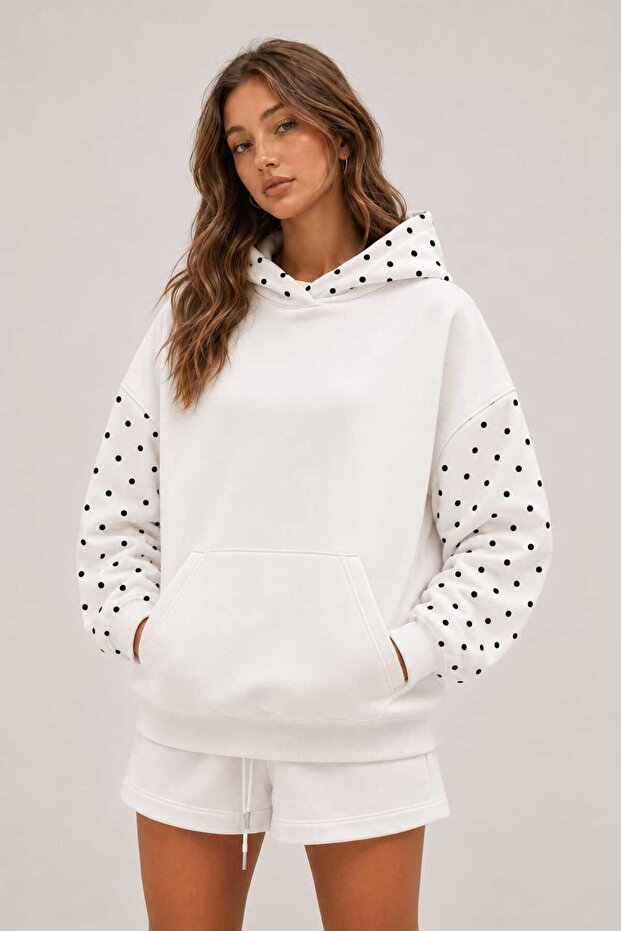 Women's Oversize Sweatshirt Hoodie Polka Dot Hooded, Kangaroo Pocket, 3 Thread Ruffle Anti-Pilling
