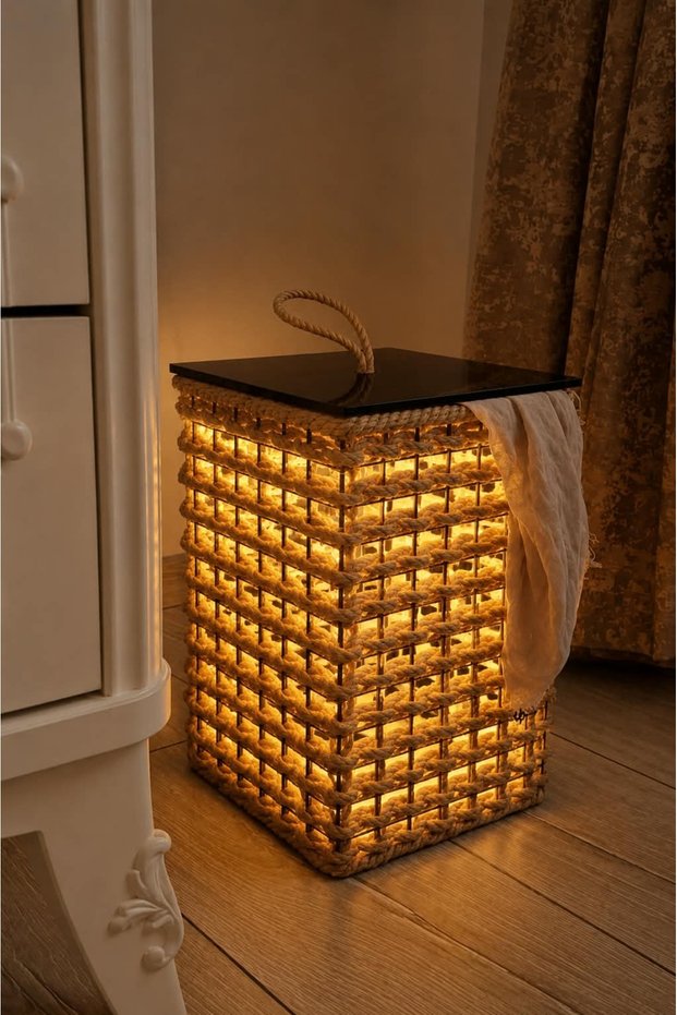 Led Lighted Glass Cover Wicker Weave Bohemian Style Square Laundry Basket