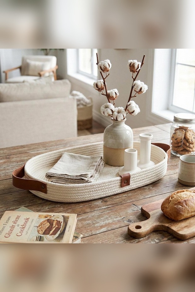 Cotton Rope Basket, Large Oval Tray Basket, Bohemian Storage and Organizer