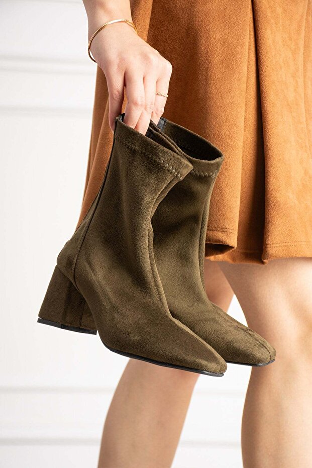 Lara Women's Khaki Suede Stretch Blunt Toe Zippered 6 cm Thick Heeled Boots Bootie