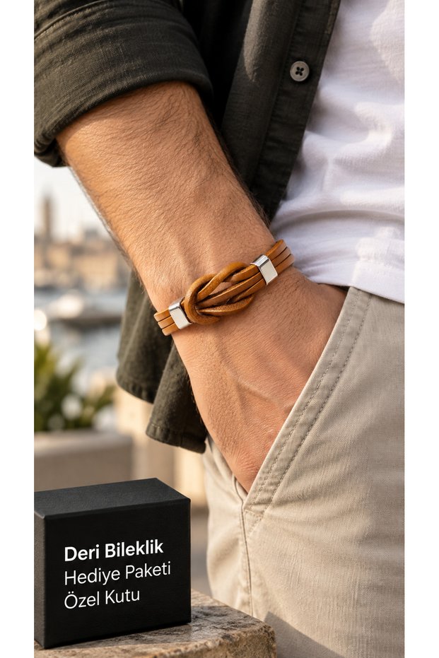 Belzano Amberknot Caramel Leather Men's Bracelet - Multi-Row with Knot Detail