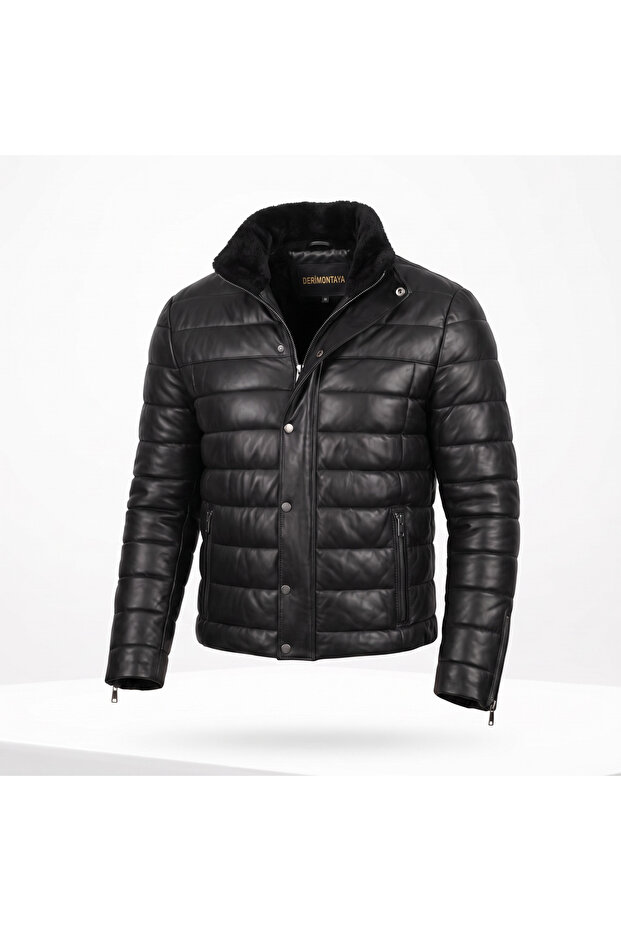 Men's Black Inflatable Genuine Lambskin Leather Coat
