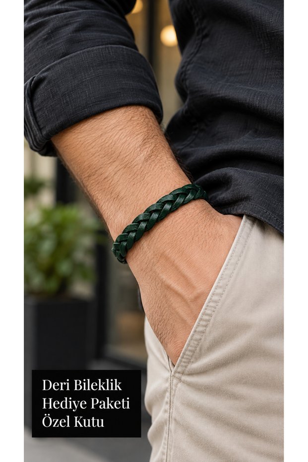 Lescari Greenplait Green Leather Men's Bracelet - Wide Double Braided Textured Design
