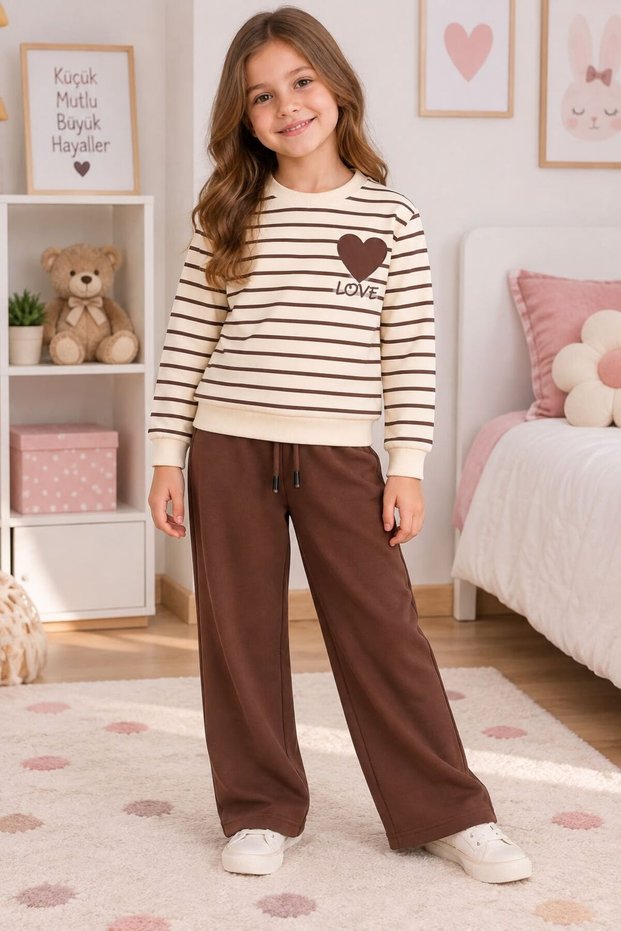 Girl's Cotton Brown Striped Heart Embroidery Patterned Long Sleeve Tracksuit Set