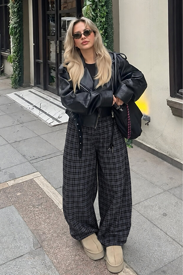 Women's Plaid Patterned Loose-Fit Elastic-Cuffed Trousers Nns026
