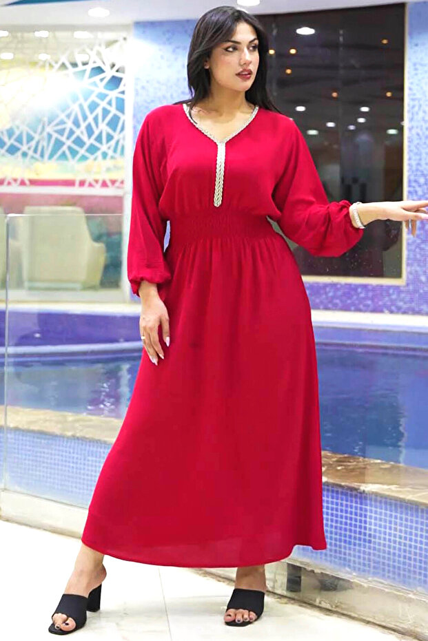 Women's Premium Solid Maxi Dress with Elasticated Cuffs & Chest Panel - Embellished V-Neck Modest Wear