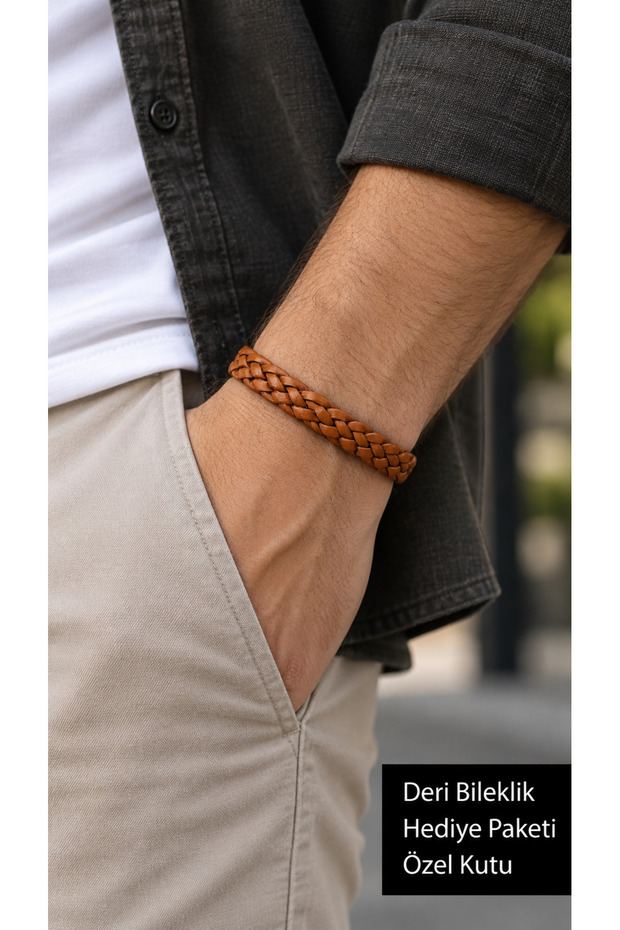 Fervelli Amberplait Orange Leather Men's Bracelet - Wide Double Braided Textured Design