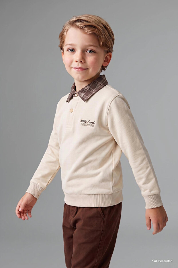 I1943A5Bg74 Beige Plaid Polo Collar Long Sleeve Top Wide Cut Bottom 2-Piece Set Baby Boy