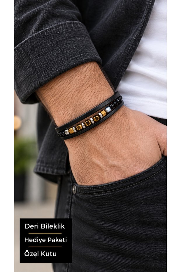 Marzello Gildcube Black Leather Men's Bracelet - Layered with Metal Cube Beads