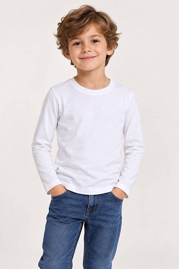 Children's Long Sleeve Badi Unisex 100% Cotton Interlock Basic Crew Neck T-Shirt