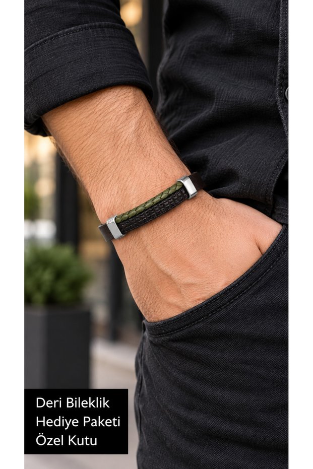 Selvano Olivearc Black Leather Men's Bracelet - Khaki Thin Braided Layer