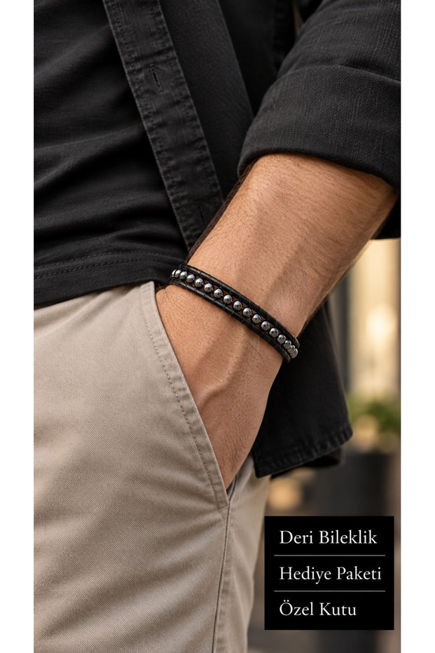 Dorceno Onyxline Black Leather Men's Bracelet - Shiny Beaded Multi-Row