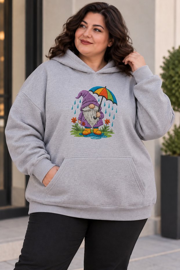 Women's Plus Size Oversize Cute Dwarf Printed Hooded Sweatshirt 3 Yarn Comfortable Fit Casual Hoodie with Kangaroo Pocket