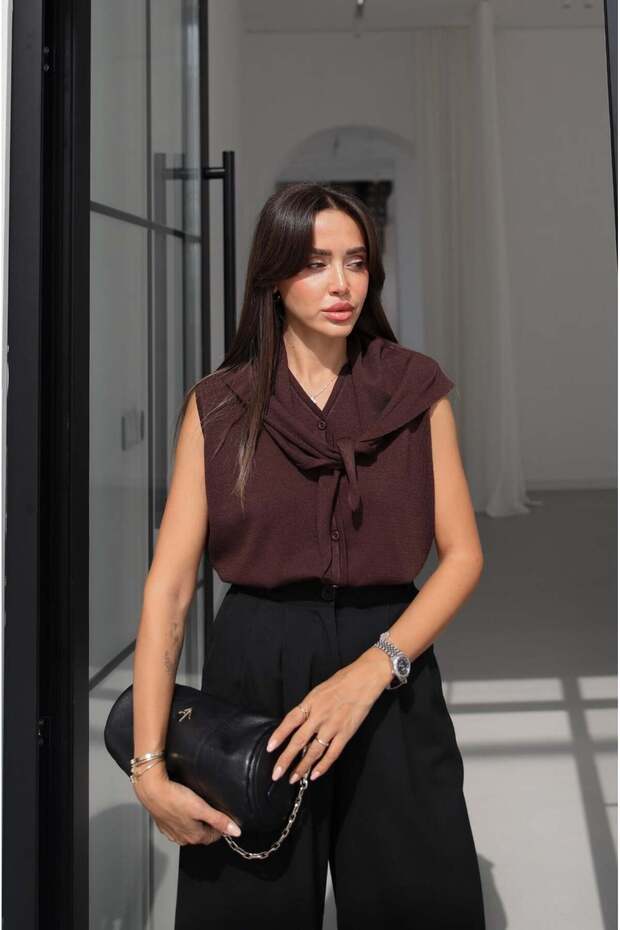Brown Shawl Detailed Zero-Sleeve Cardigan