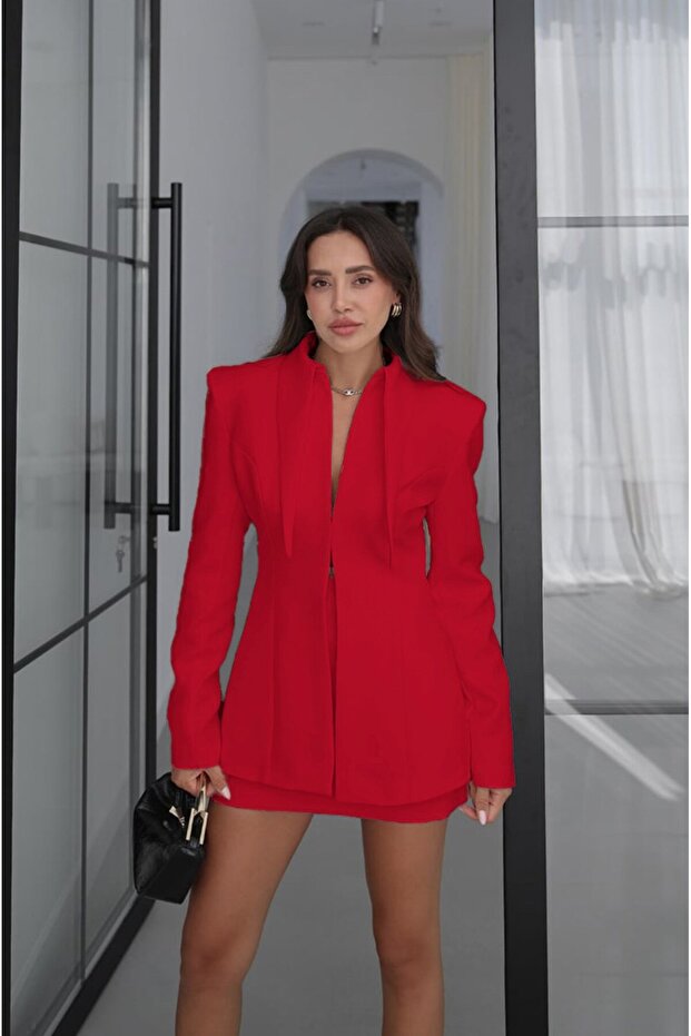 Red Tailored Cut Fit Jacket Skirt Set