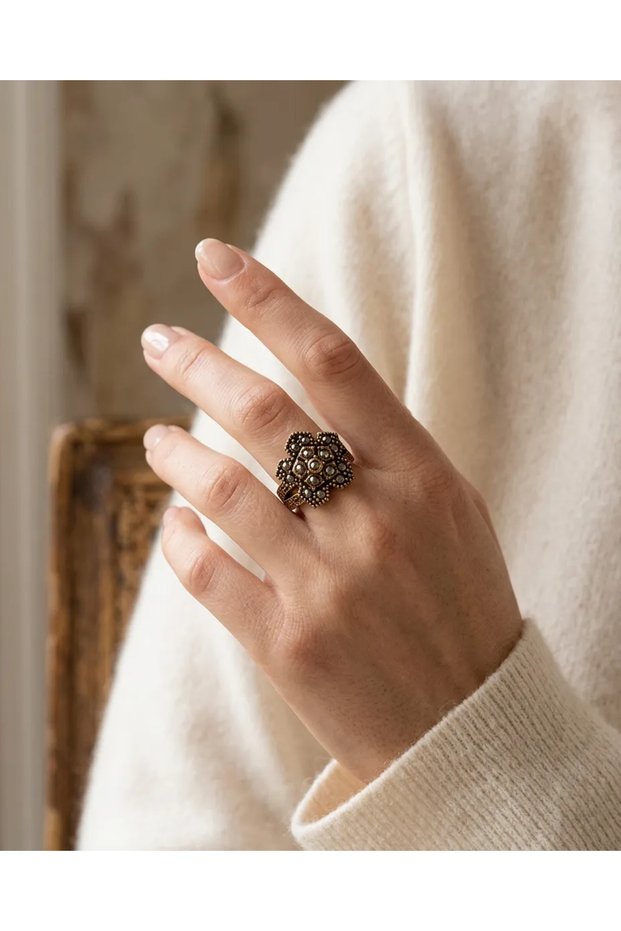 Bronze Women Ring Authentic Copper Jewelry Mini Margazite Stone Prism Flower Adjustable Vintage