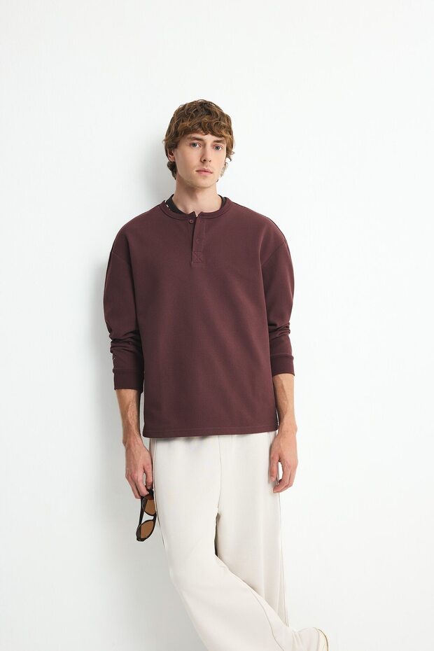 100% Cotton Boxy Fit Button Placket Crew Neck Waffle Long Sleeve Sweatshirt H4885Ax26Au