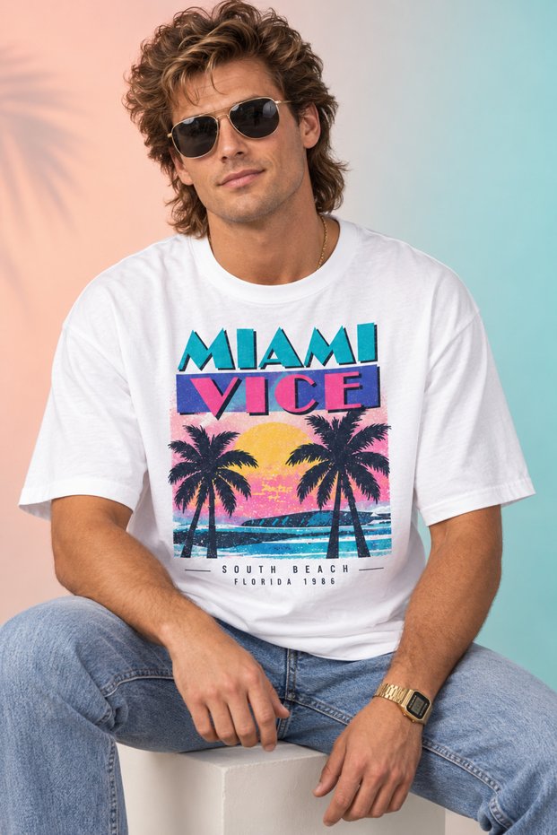 Unisex Oversize 80S T-Shirt Short Sleeve Crew Neck Cotton Combed T-Shirt Miami Vice Retro 80S Printed Oversize Summer T-Shirt