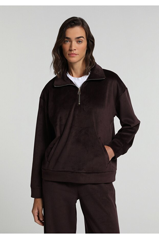 Regular Fit Zippered Plain Women's Purple Sweatshirt