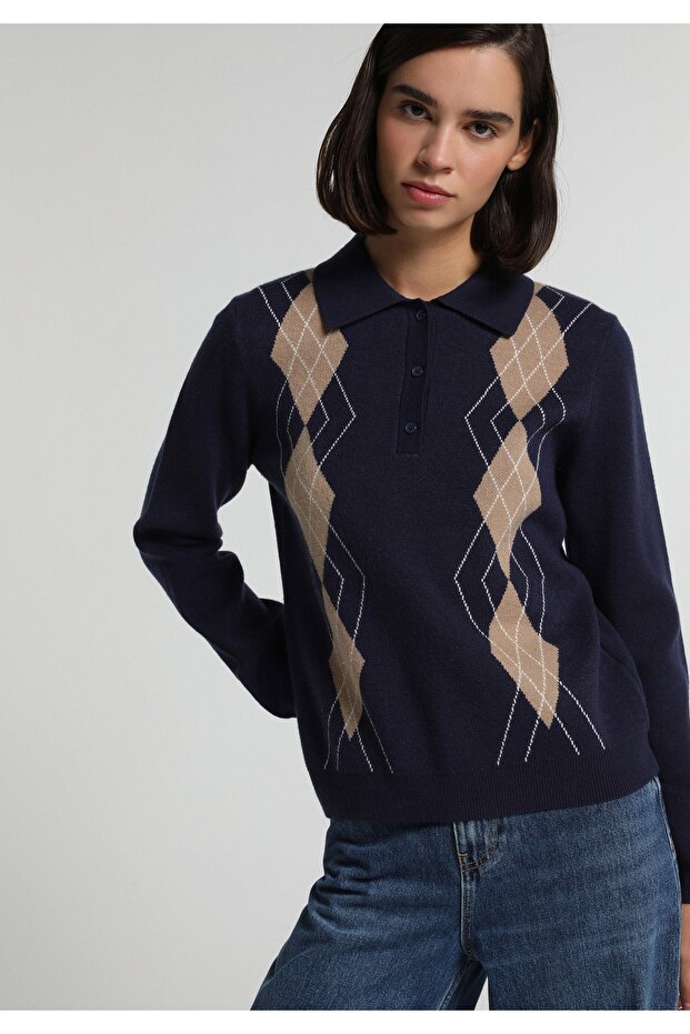 Regular Fit Polo Collar Jacquard Women's Navy Blue Sweater