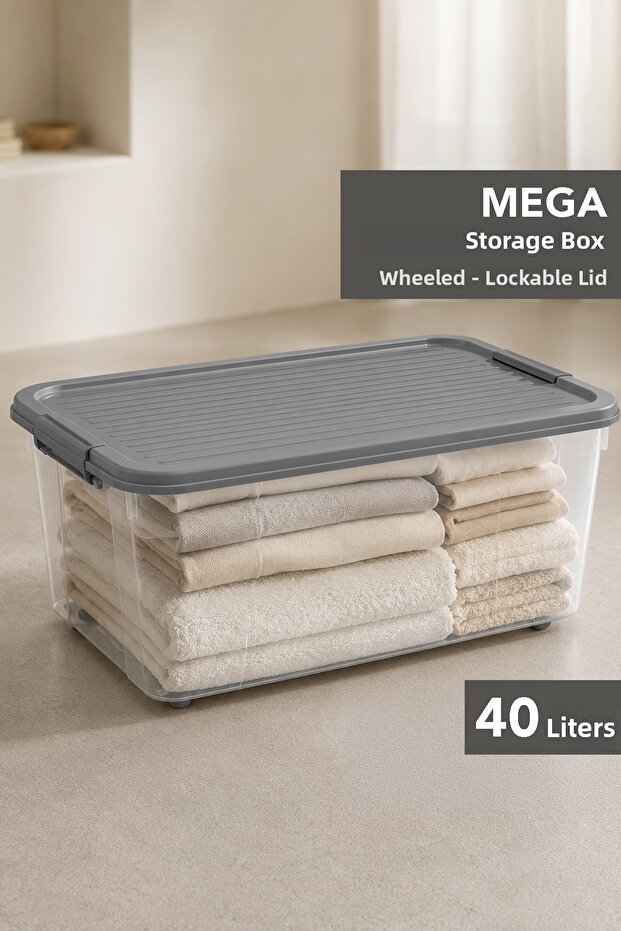 40Lt Large Size Storage Box - Lockable Lid Elora Multi-Purpose Organizer Organizer Box Gray