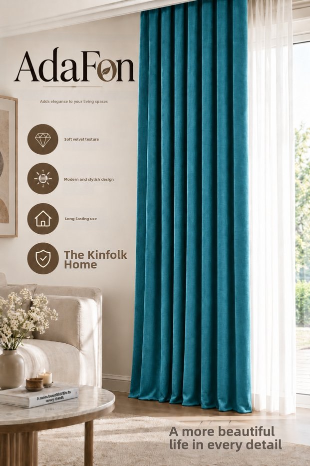 Petrol Blue Adafon Soft Velvet Textured Cornice Stylish Decorative Living Room Background Curtain